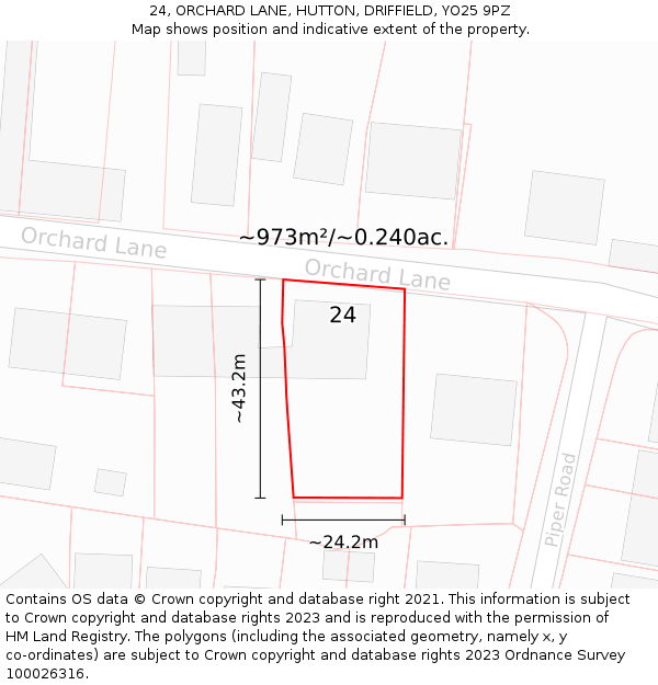 24, ORCHARD LANE, HUTTON, DRIFFIELD, YO25 9PZ: Plot and title map