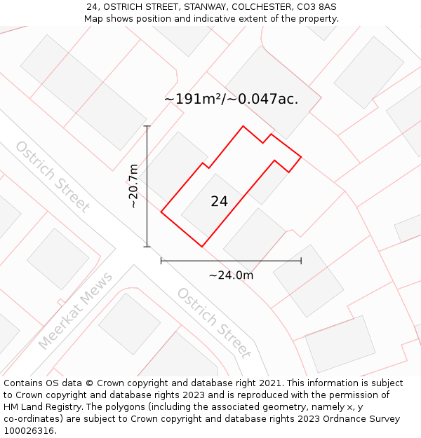24, OSTRICH STREET, STANWAY, COLCHESTER, CO3 8AS: Plot and title map