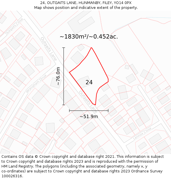 24, OUTGAITS LANE, HUNMANBY, FILEY, YO14 0PX: Plot and title map