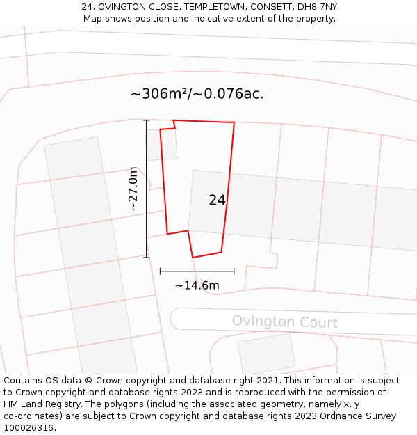 24, OVINGTON CLOSE, TEMPLETOWN, CONSETT, DH8 7NY: Plot and title map