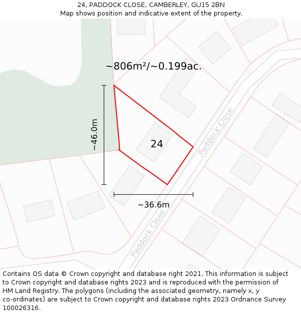 24, PADDOCK CLOSE, CAMBERLEY, GU15 2BN: Plot and title map