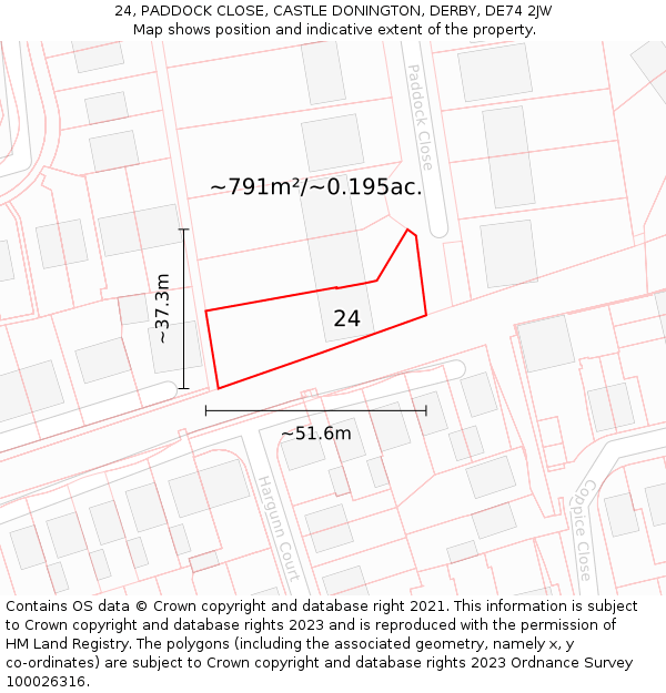24, PADDOCK CLOSE, CASTLE DONINGTON, DERBY, DE74 2JW: Plot and title map