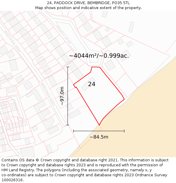 24, PADDOCK DRIVE, BEMBRIDGE, PO35 5TL: Plot and title map