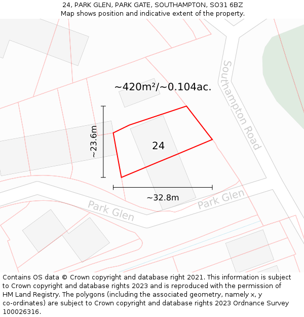 24, PARK GLEN, PARK GATE, SOUTHAMPTON, SO31 6BZ: Plot and title map