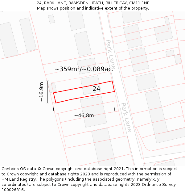 24, PARK LANE, RAMSDEN HEATH, BILLERICAY, CM11 1NF: Plot and title map