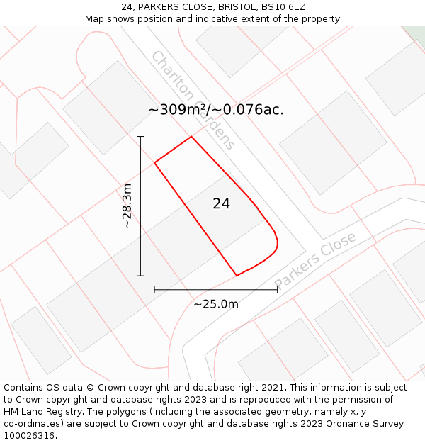 24, PARKERS CLOSE, BRISTOL, BS10 6LZ: Plot and title map