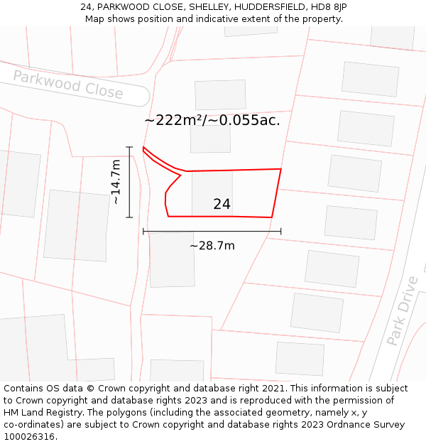 24, PARKWOOD CLOSE, SHELLEY, HUDDERSFIELD, HD8 8JP: Plot and title map