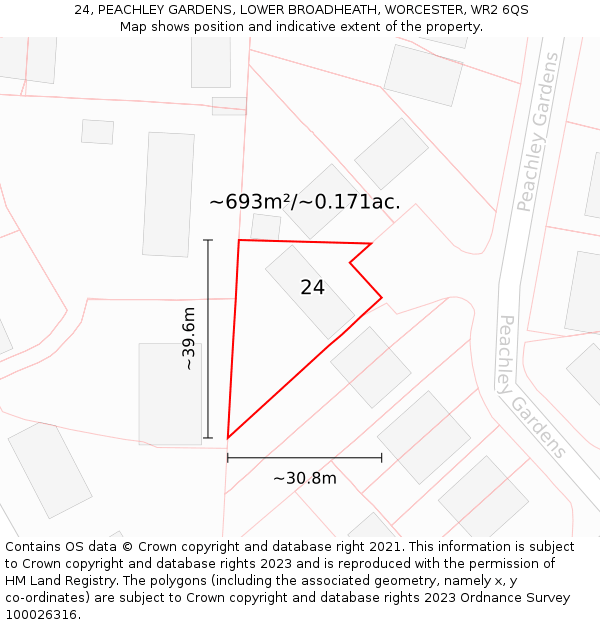 24, PEACHLEY GARDENS, LOWER BROADHEATH, WORCESTER, WR2 6QS: Plot and title map