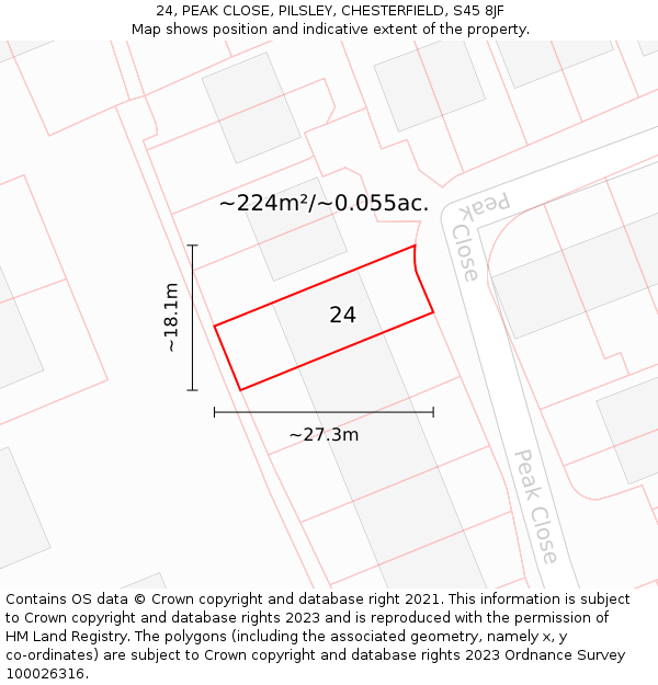 24, PEAK CLOSE, PILSLEY, CHESTERFIELD, S45 8JF: Plot and title map