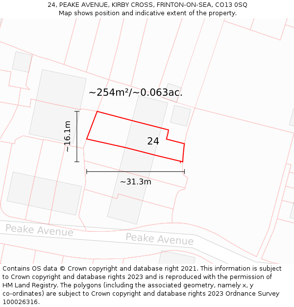 24, PEAKE AVENUE, KIRBY CROSS, FRINTON-ON-SEA, CO13 0SQ: Plot and title map