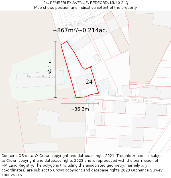 24, PEMBERLEY AVENUE, BEDFORD, MK40 2LQ: Plot and title map