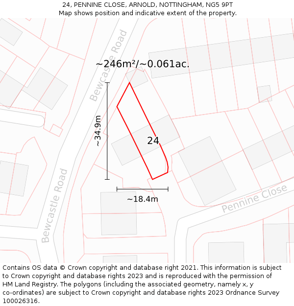 24, PENNINE CLOSE, ARNOLD, NOTTINGHAM, NG5 9PT: Plot and title map