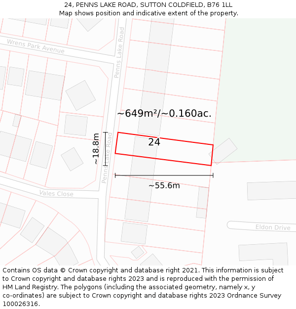 24, PENNS LAKE ROAD, SUTTON COLDFIELD, B76 1LL: Plot and title map