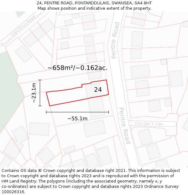 24, PENTRE ROAD, PONTARDDULAIS, SWANSEA, SA4 8HT: Plot and title map