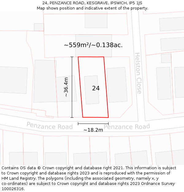 24, PENZANCE ROAD, KESGRAVE, IPSWICH, IP5 1JS: Plot and title map