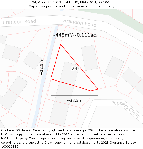 24, PEPPERS CLOSE, WEETING, BRANDON, IP27 0PU: Plot and title map