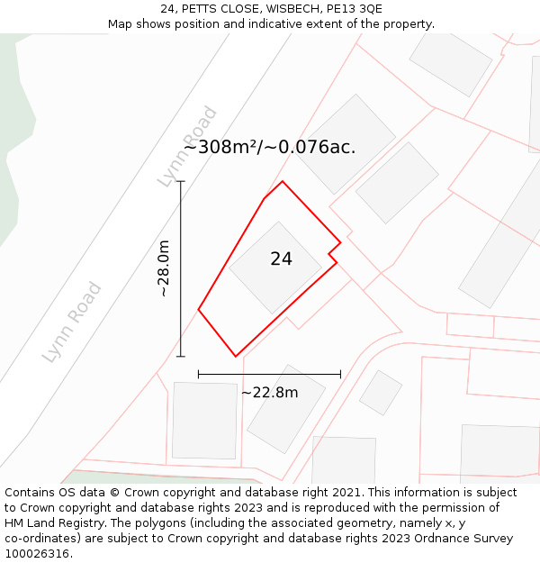 24, PETTS CLOSE, WISBECH, PE13 3QE: Plot and title map