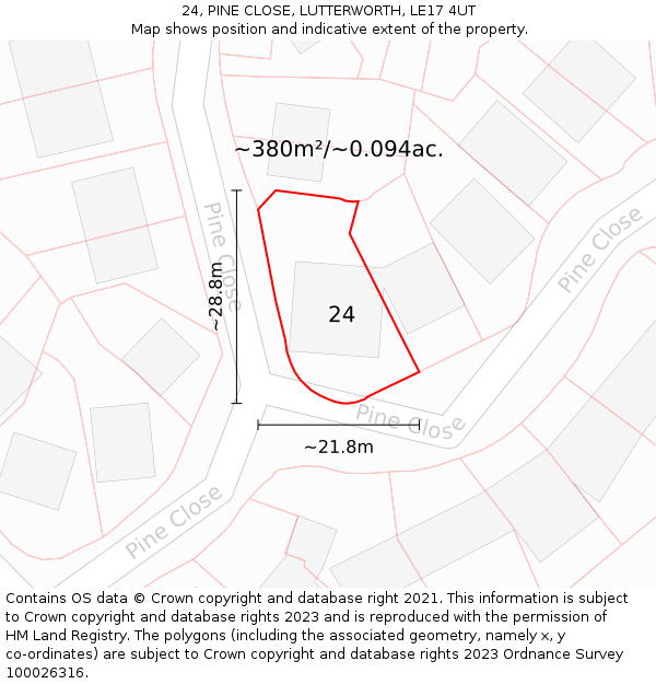 24, PINE CLOSE, LUTTERWORTH, LE17 4UT: Plot and title map