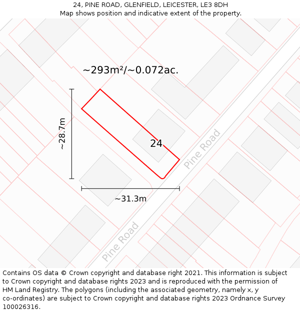 24, PINE ROAD, GLENFIELD, LEICESTER, LE3 8DH: Plot and title map