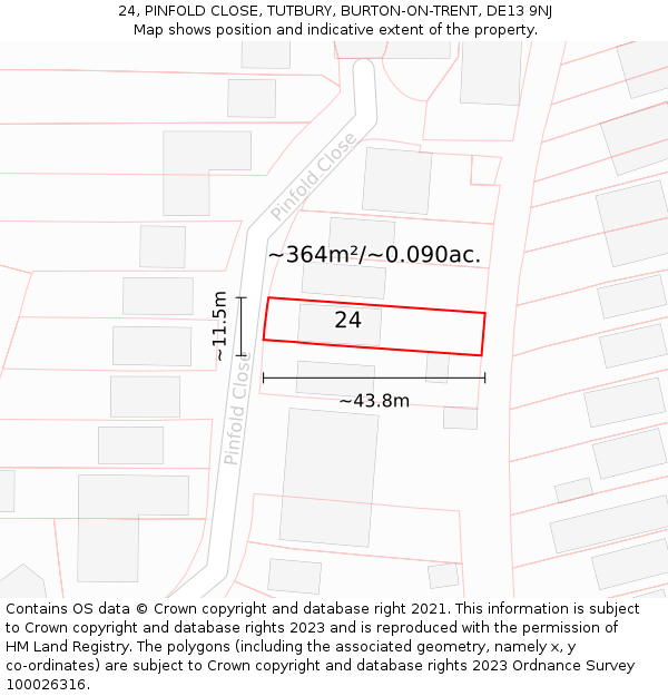 24, PINFOLD CLOSE, TUTBURY, BURTON-ON-TRENT, DE13 9NJ: Plot and title map