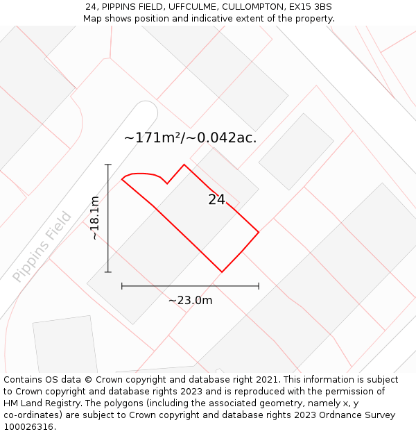 24, PIPPINS FIELD, UFFCULME, CULLOMPTON, EX15 3BS: Plot and title map