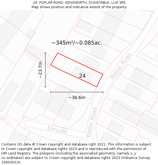 24, POPLAR ROAD, KENSWORTH, DUNSTABLE, LU6 3RS: Plot and title map