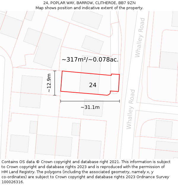 24, POPLAR WAY, BARROW, CLITHEROE, BB7 9ZN: Plot and title map