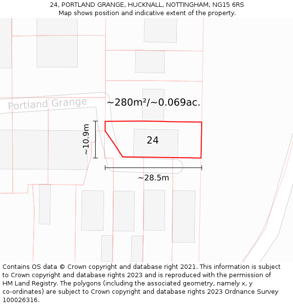24, PORTLAND GRANGE, HUCKNALL, NOTTINGHAM, NG15 6RS: Plot and title map