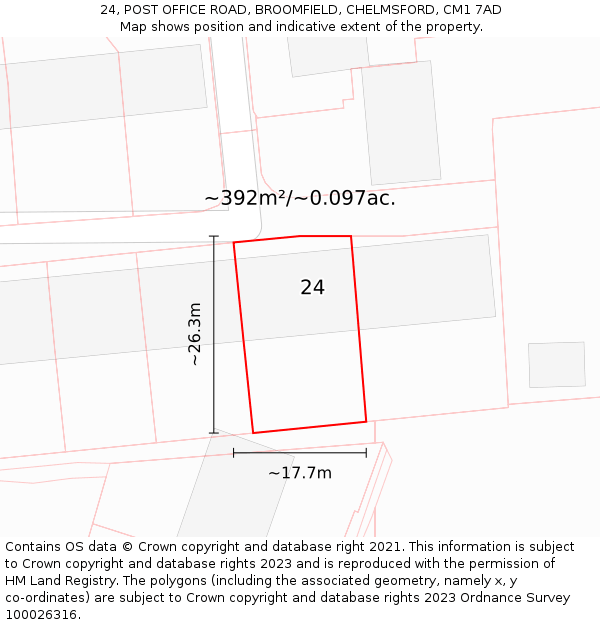 24, POST OFFICE ROAD, BROOMFIELD, CHELMSFORD, CM1 7AD: Plot and title map