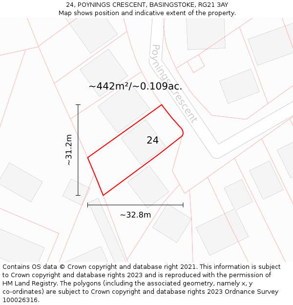 24, POYNINGS CRESCENT, BASINGSTOKE, RG21 3AY: Plot and title map