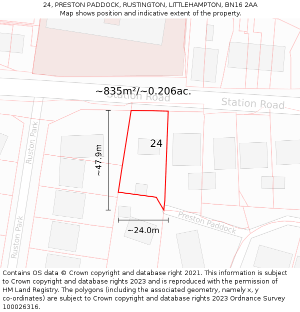 24, PRESTON PADDOCK, RUSTINGTON, LITTLEHAMPTON, BN16 2AA: Plot and title map