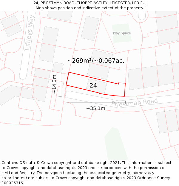 24, PRIESTMAN ROAD, THORPE ASTLEY, LEICESTER, LE3 3UJ: Plot and title map