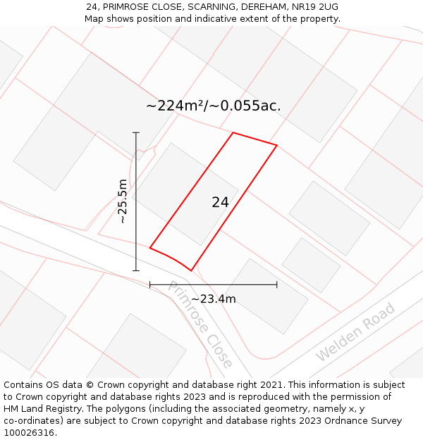 24, PRIMROSE CLOSE, SCARNING, DEREHAM, NR19 2UG: Plot and title map