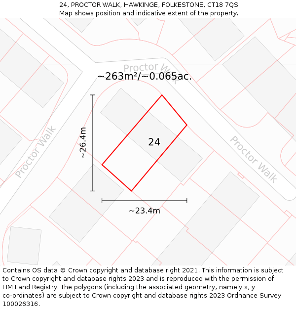 24, PROCTOR WALK, HAWKINGE, FOLKESTONE, CT18 7QS: Plot and title map