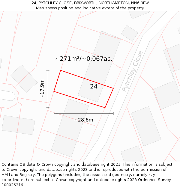 24, PYTCHLEY CLOSE, BRIXWORTH, NORTHAMPTON, NN6 9EW: Plot and title map