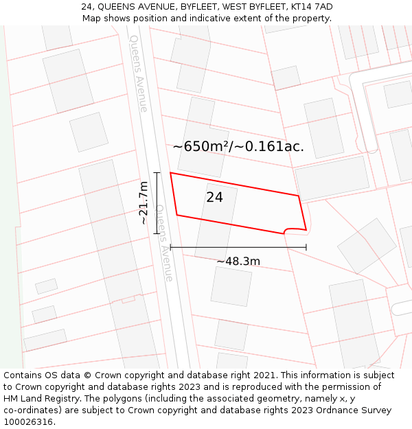 24, QUEENS AVENUE, BYFLEET, WEST BYFLEET, KT14 7AD: Plot and title map