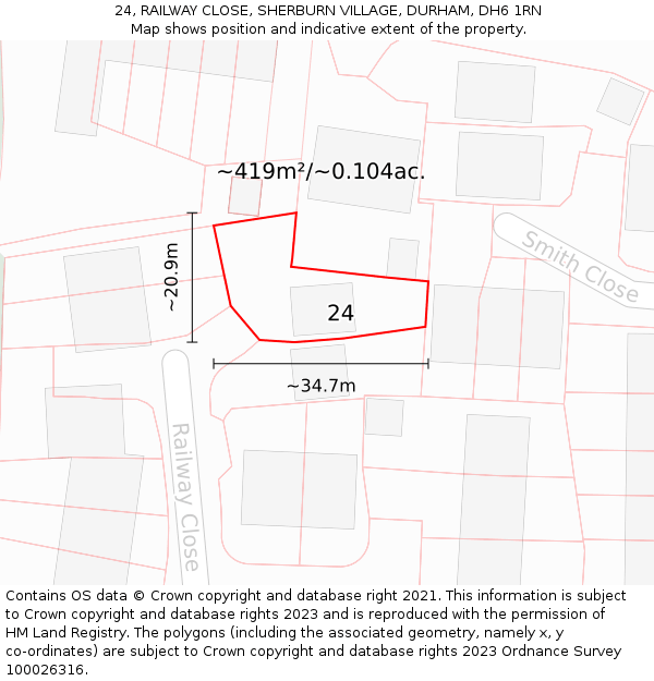 24, RAILWAY CLOSE, SHERBURN VILLAGE, DURHAM, DH6 1RN: Plot and title map