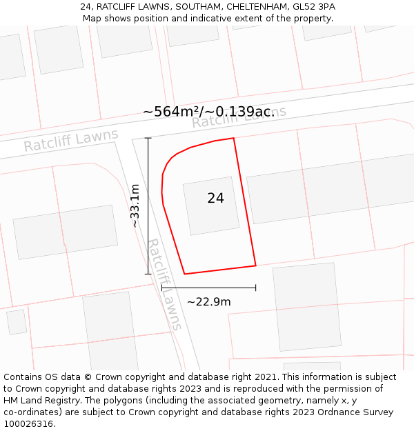24, RATCLIFF LAWNS, SOUTHAM, CHELTENHAM, GL52 3PA: Plot and title map