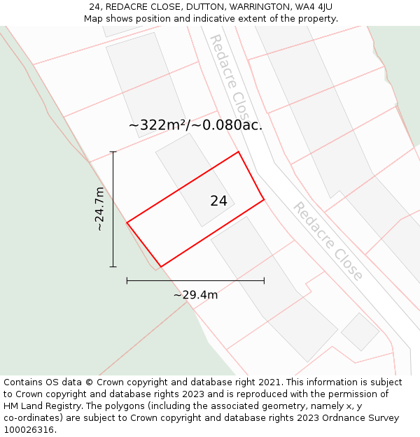 24, REDACRE CLOSE, DUTTON, WARRINGTON, WA4 4JU: Plot and title map