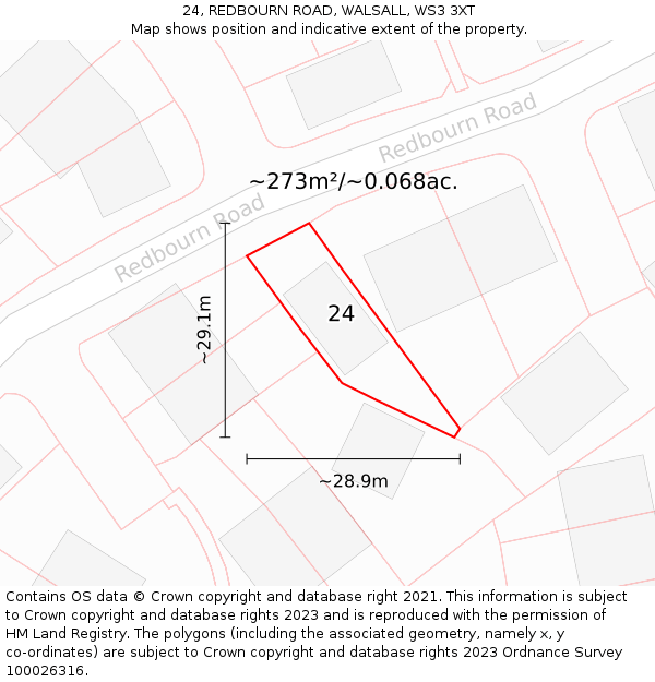 24, REDBOURN ROAD, WALSALL, WS3 3XT: Plot and title map