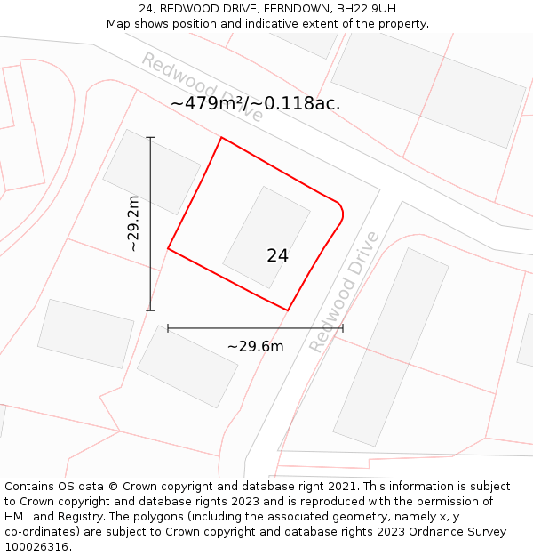 24, REDWOOD DRIVE, FERNDOWN, BH22 9UH: Plot and title map