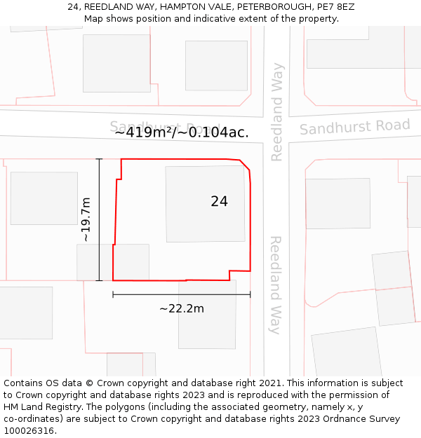 24, REEDLAND WAY, HAMPTON VALE, PETERBOROUGH, PE7 8EZ: Plot and title map
