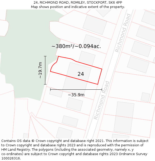 24, RICHMOND ROAD, ROMILEY, STOCKPORT, SK6 4PP: Plot and title map