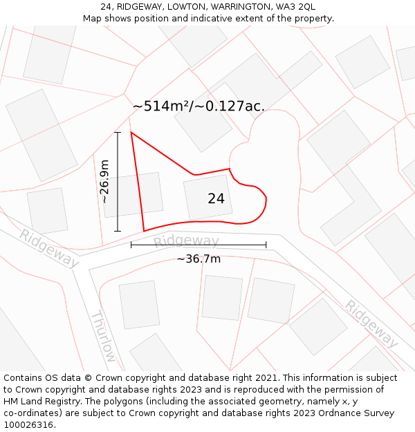 24, RIDGEWAY, LOWTON, WARRINGTON, WA3 2QL: Plot and title map