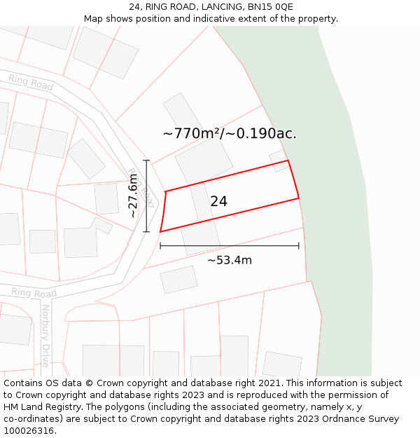 24, RING ROAD, LANCING, BN15 0QE: Plot and title map