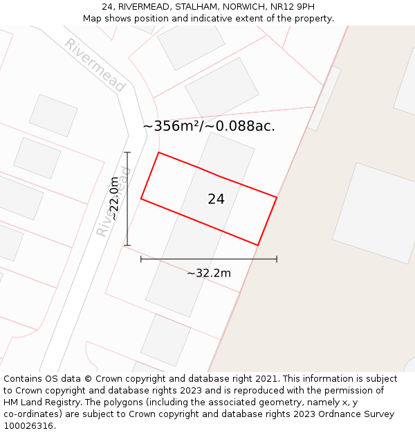 24, RIVERMEAD, STALHAM, NORWICH, NR12 9PH: Plot and title map