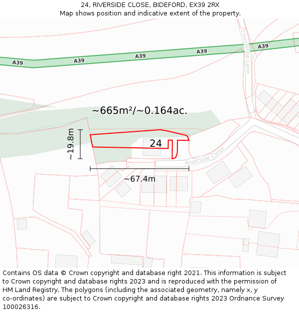 24, RIVERSIDE CLOSE, BIDEFORD, EX39 2RX: Plot and title map