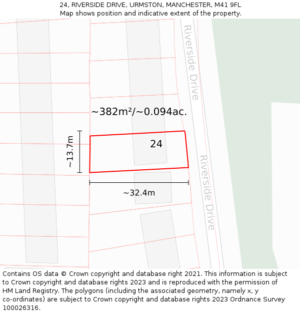 24, RIVERSIDE DRIVE, URMSTON, MANCHESTER, M41 9FL: Plot and title map