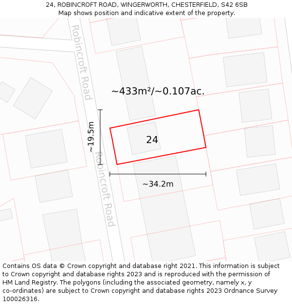 24, ROBINCROFT ROAD, WINGERWORTH, CHESTERFIELD, S42 6SB: Plot and title map