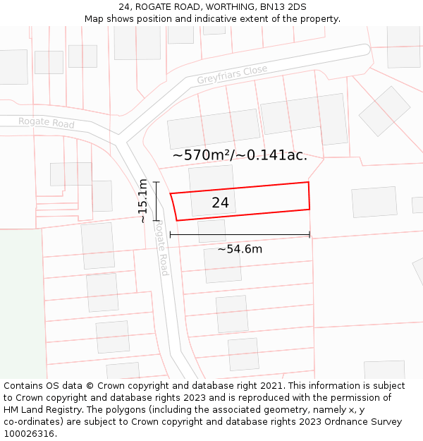 24, ROGATE ROAD, WORTHING, BN13 2DS: Plot and title map